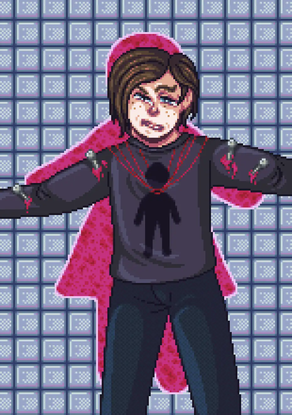 Pixel art of a masculine presenting white person, full body, and staring directly forward. They have a grimace on their face, which is slightly warped.
They’re wearing black jeans and a grey jumper, on which is the male bathroom symbol. Behind them, almost acting like their shadow, is a pink female bathroom symbol, to which they’re pinned to by nails. The nails are stabbing into their arms, with blood dripping down from them. The bathroom symbol is also tied to them by red threads around their neck and shoulders.
The rest of the background is white tiles.