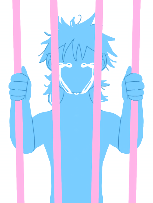 A digital drawing of a masc-presenting person. They are a light blue colour with no visible facial features, except for a stream of white tears falling from where their eyes should be. In front of them are jail-like bars, coloured a light pink, which they are grabbing as if imprisioned within a pink cage. The background is completely white and all three colours make up the trans flag.