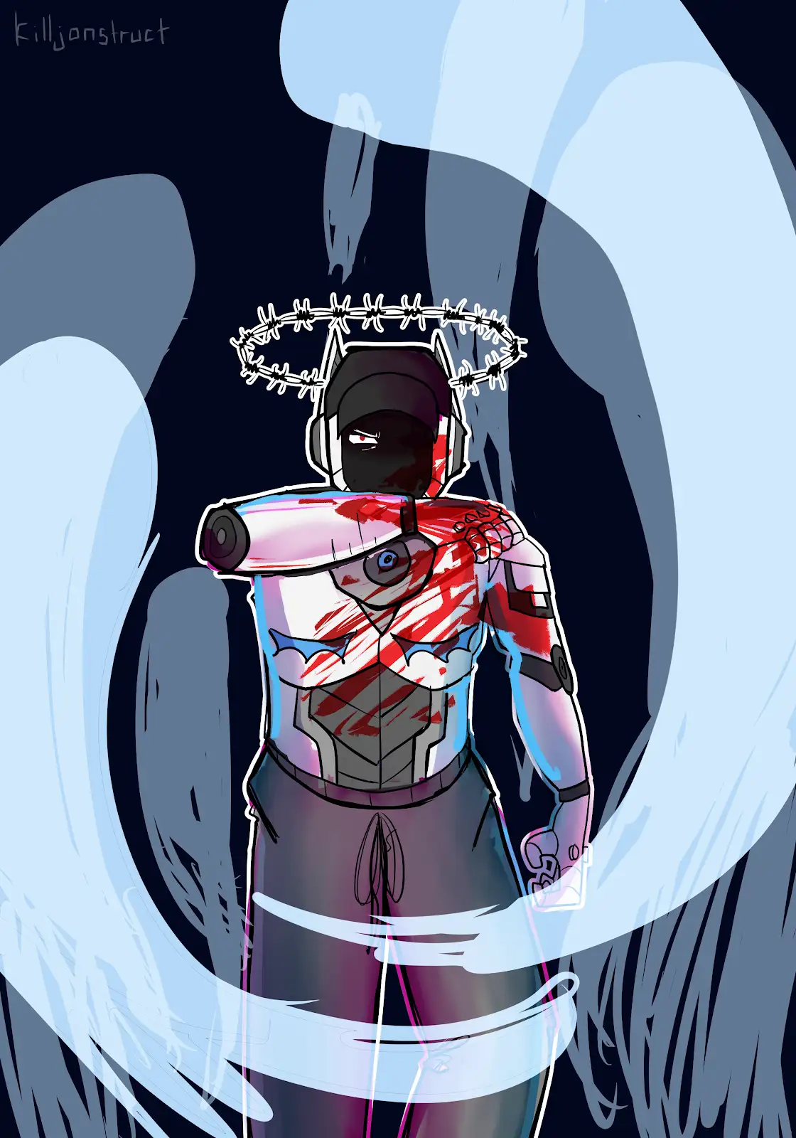 digital drawing of a humanoid robot, bare-chested and wearing black sweatpants. There are jagged, blue top surgery scars across their chest and they are painted blue, pink and white. Blood is also splattered across them, covering their chest and face.

Only one eye is visible on their face, with the rest of their face shrouded in darkness. The eye has a steely look of determination in it. Surrounding their head is a halo of barbed wire.

On arm is raised just below where their mouth would be, as if protecting their face, while the other arm remains at their side with their fist clenched.

Behind and around them are ghostly looking angel wings. In the top left corner, the signature “killjonstruct” is written in light blue writing.